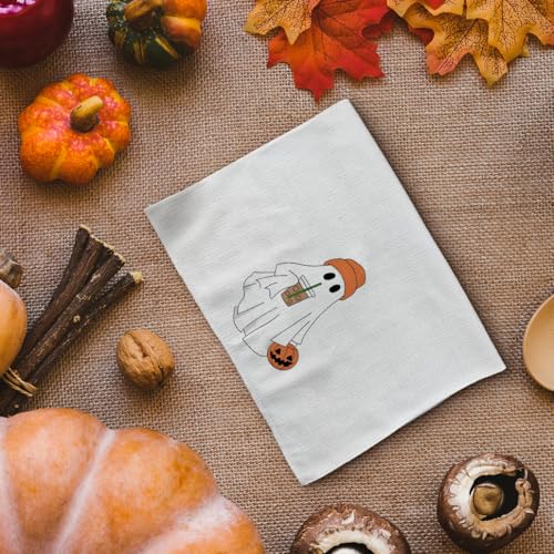 White Gothic Halloween Kitchen Towels - Ghost & Pumpkin Decor, 16x24in