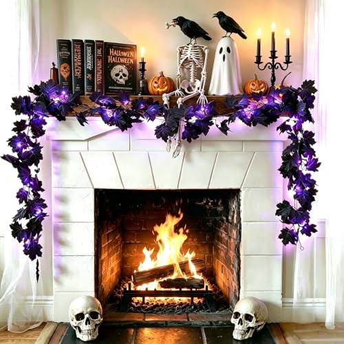 Halloween Decor Black Maple Leaf Garland with Purple LED String Lights - 6.5Ft, Battery Operated, Spooky Home Accent