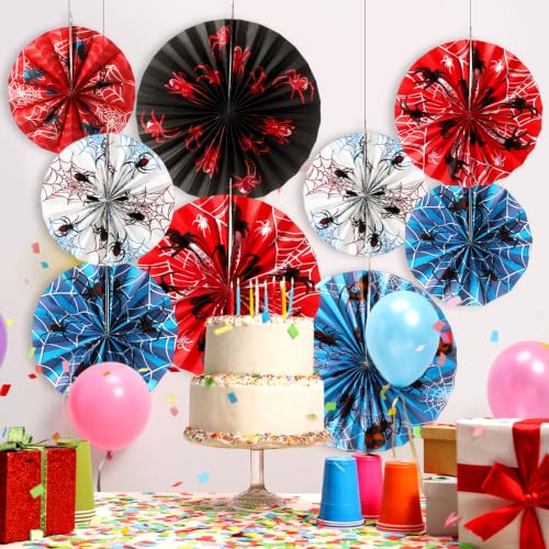 Spider Paper Fans 9 Pcs Birthday Party Hanging Decor - Spider Theme Variation