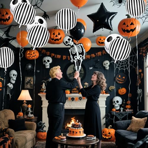 Halloween Skeleton & Black & White Striped Foil Balloons Set - 12 pcs Party Decor