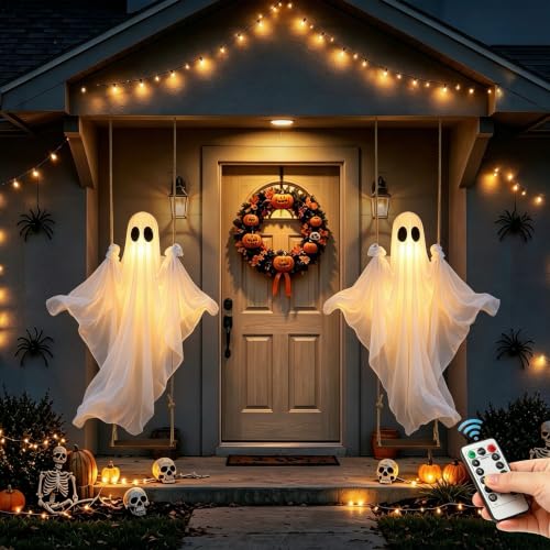 Halloween Outdoor Hanging Ghost Decor 4-8FT with Warm White Lights - 2 Pack