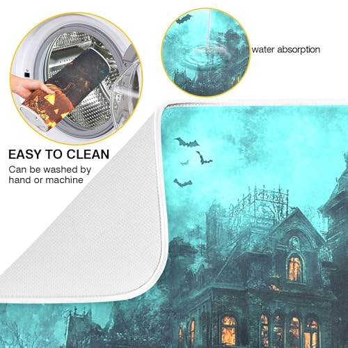 Halloween Castle Dish Drying Mat for Kitchen Countertop 16x18 - Witch Castle Variation