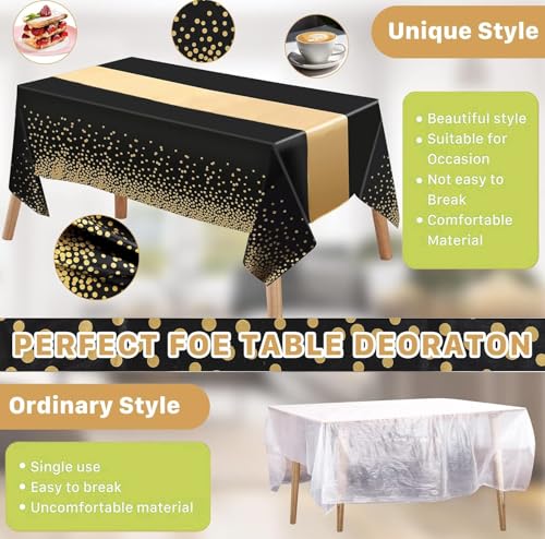 Black and Gold Satin Table Runners and Plastic Tablecloth Set - 3 Piece