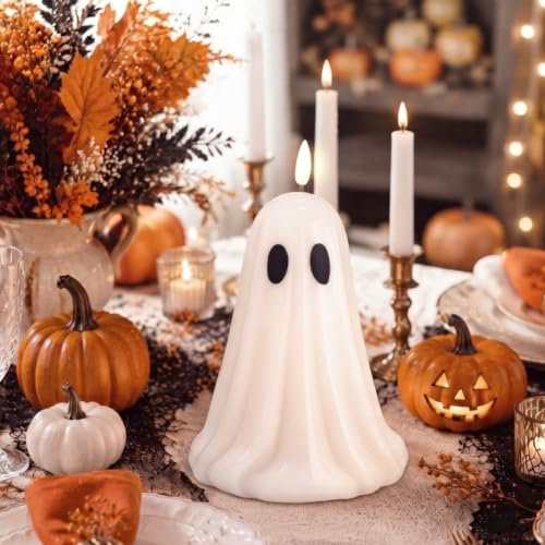 Large Ghost Flameless Candle with Timer - White Halloween LED Candle - 4.3 x 7.9 Inches