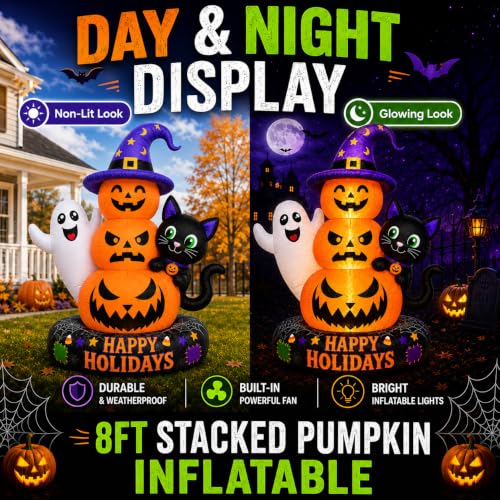 8 FT Inflatable Halloween Pumpkin Scene with Ghost Black Cat LED Lights