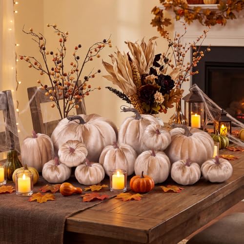 Artificial Velvet Pumpkins Set - Large Fake Halloween Decor, Champagne Variation