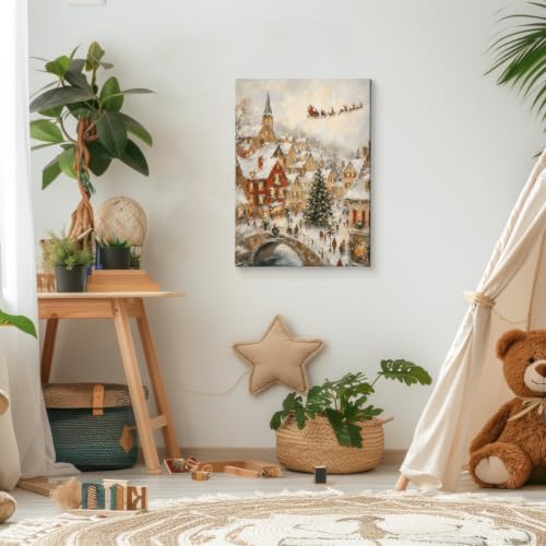 Christmas Village Wall Art Canvas Painting 11x14 Framed Holiday Decor - Tower Variant