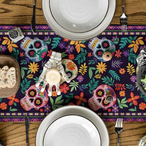 Mexican Sugar Skull Table Runner - Day of The Dead Decor 13x48 Inch Multi Color