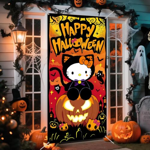 Halloween Door Cover Decorations Pumpkin Ghost Cat Front Door Banner - Reusable & Waterproof