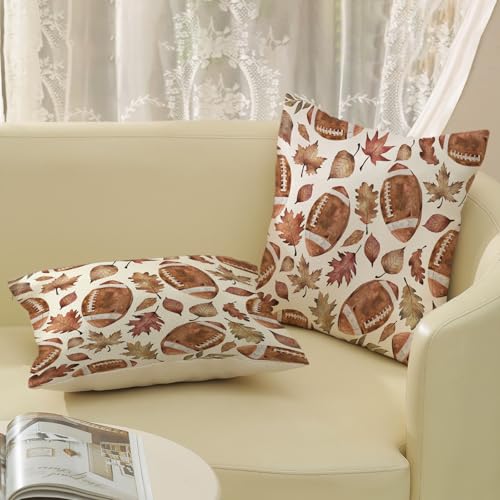 Football Maple Leaf Fall Pillow Covers 16x16 Pack of 2 - Autumn Linen Decor