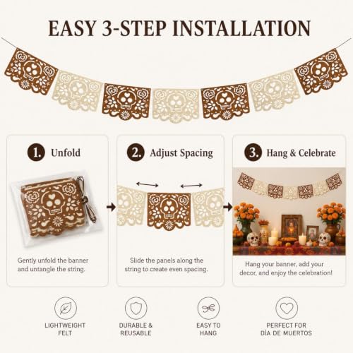 Dia De Los Muertos Ofrenda Decorations Felt Papel Picado Banner - Gold -1