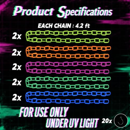 Glow in The Dark Neon Plastic Chain - Fluorescent Party Decor 10 Pcs Under UV Light