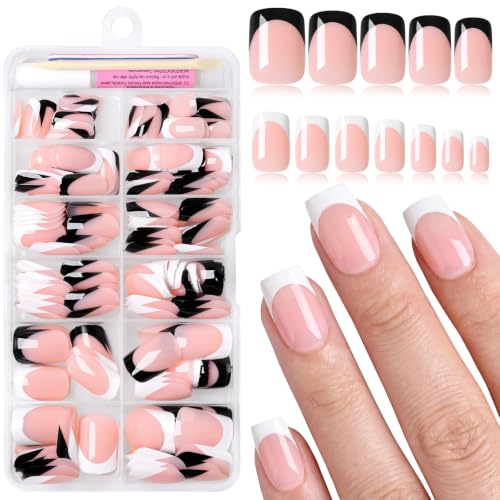 240P Short Square French Tip Press On Nails with Glue - Black & White Variation