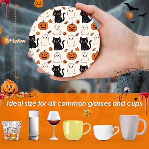 Kawaii Ghost Cat Halloween Coasters Set of 6 Ceramic Stone Drink Protectors with Cork Base