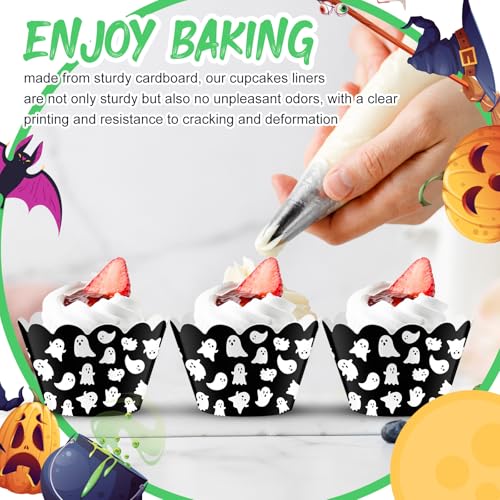 Halloween Ghost Cupcake Wrappers - 100 Pack, White Black, Party Baking Liners