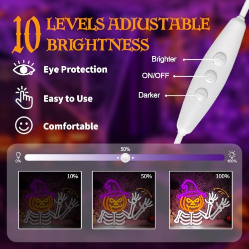 Waving Pumpkin Skeleton Neon Sign for Halloween Wall Decor USB Dimmable LED Light