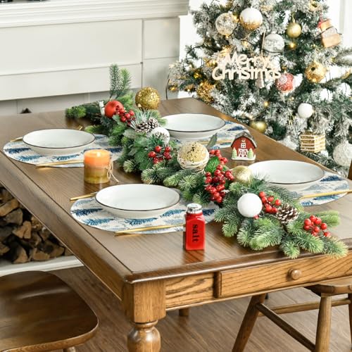14-Inch Blue Xmas Round Placemats Set of 4 - Winter Dining Table Decor