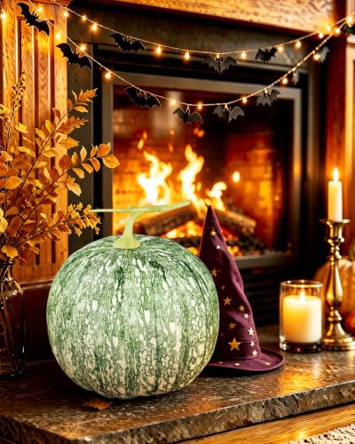 Round 9x9 Inch Artificial Pumpkin Fall Decor - Green Rustic Halloween Thanksgiving