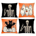 Halloween Throw Pillow Covers Set of 4 - 16x16 Orange Fall Decor with Skeleton Cat Ghost Pumpkin