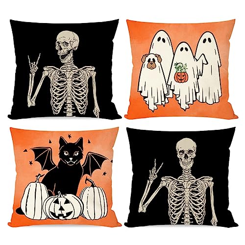 Halloween Throw Pillow Covers Set of 4 - 16x16 Orange Fall Decor with Skeleton Cat Ghost Pumpkin