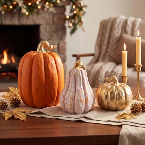 Fall Pumpkin Decor Set of 3 - White and Gold Resin Pumpkin Statues with Variation Pumpkin / Fall