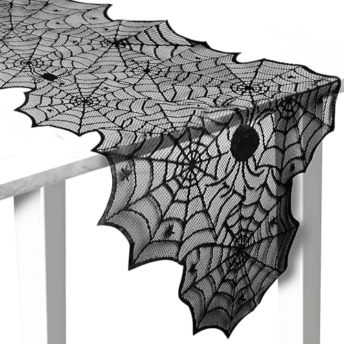 Halloween Spider Web Table Runner Black Lace Polyester Spooky Decor