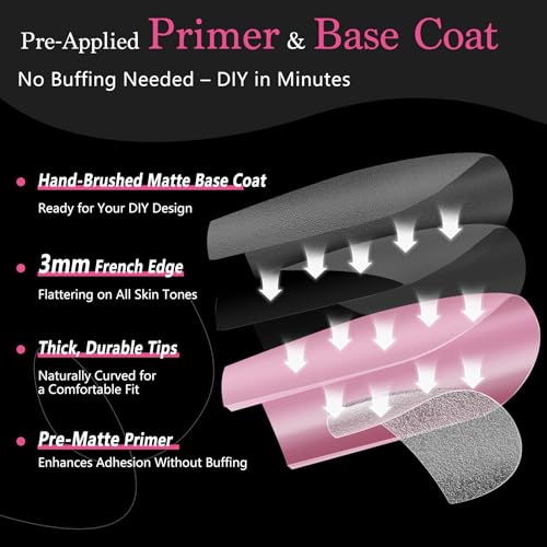 Black French Tip Press-On Nails Set - Short Square 150 Pcs with Deep Pink & Black Variation