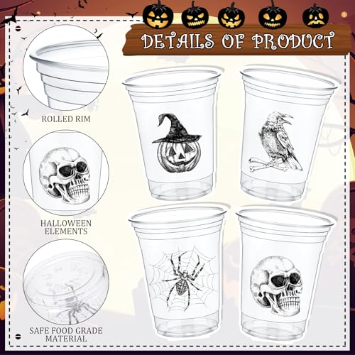 48 Pack Halloween Plastic Cups - 16 oz Skull Design Disposable Party Cups