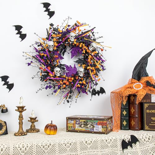 Halloween Wreath with Skull & Berries - 22 Inch Front Door Decor - Black Variation