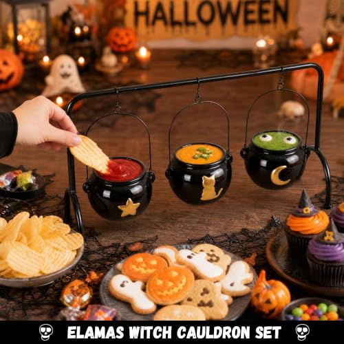Halloween Ceramic Witches Cauldron Bowls Set - Gold Accented Party Decor, 3 Pack
