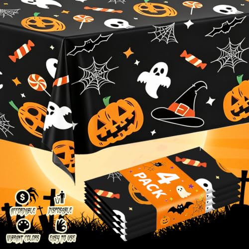 Halloween Tablecloth 4 Pack - Pumpkin Ghost Design, 54 x 108 Inches, Waterproof & Stain-Resistant