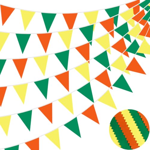 Fabric Bunting Banner - 40Ft Green, Orange & Yellow Triangle Flags for Party Decor