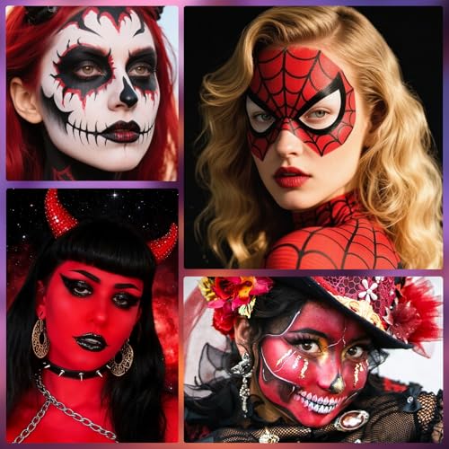 Oil-Based Face Paint Kit for Halloween & Cosplay - Red Black White, SFX Makeup Set with Brushes