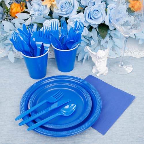 Blue Disposable Party Plates Set for 50 People - 9-inch Dinner & 7-inch Dessert Plates, Cups & Cutlery - Blue Variation
