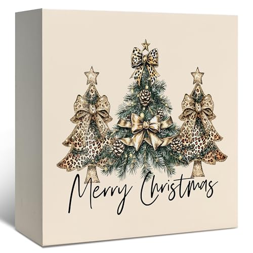 DAYOUER Coquette Leopard Bow Christmas Tree Wooden Sign - Beige 2