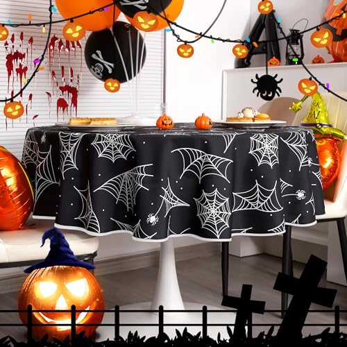 60-Inch Round Halloween Spider Web Waterproof Tablecloth - Black