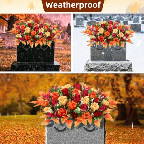 Fall Artificial Cemetery Flowers for Grave - Headstone Flower Saddle Orange - Long-Lasting Autumn Decor