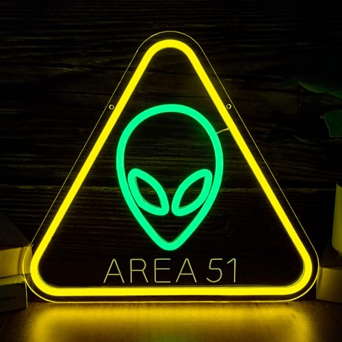 Alien Neon Sign - Area 51 LED Wall Decor with UFO Green Alien & Triangle Frame - Gamer Room & Man Cave Lighting - Variation: Alien