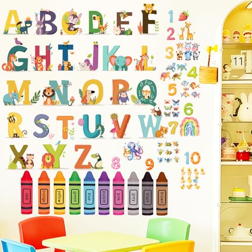 Multicolor Animal Alphabet Numbers Wall Stickers - Educational Classroom Decals