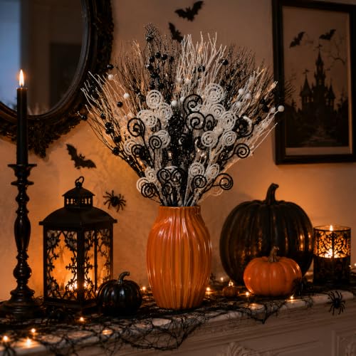 Black & White Halloween Glitter Branches Picks - 36 Pcs Spooky Decor