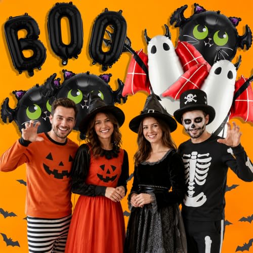 Halloween Balloons Set with Ghost Bat Boo Decorations, Reusable Foil Party Supplies
