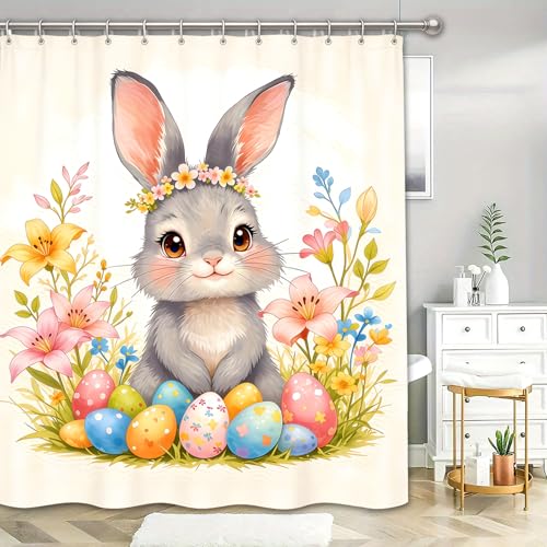 Multicolor Easter Shower Curtain Set - 72x72 Inch Waterproof Bunny & Flowers Bathroom Decor