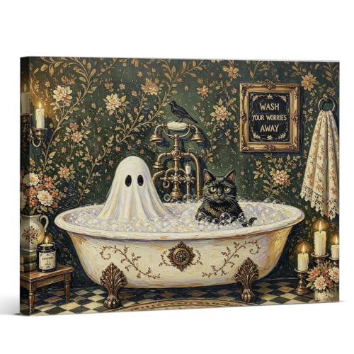 Halloween Wall Art Vintage Ghost and Cat Bathing Canvas - WashWorry Variation