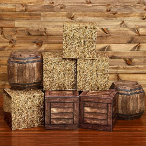 8 Pcs Western Hay Bale & Wine Barrel Party Decoration Boxes - Rustic Centerpieces