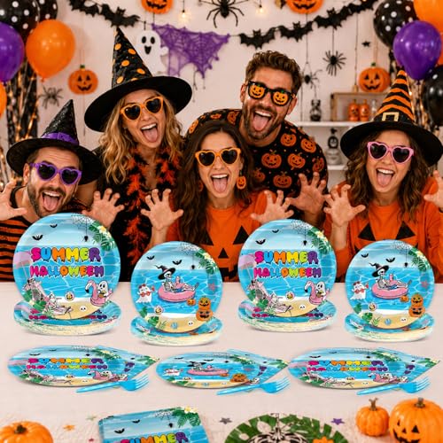 Summer Halloween Party Tableware Set - Skeleton & Tropical Design, Disposable Plates & Napkins for Beach BBQ & Pool Parties
