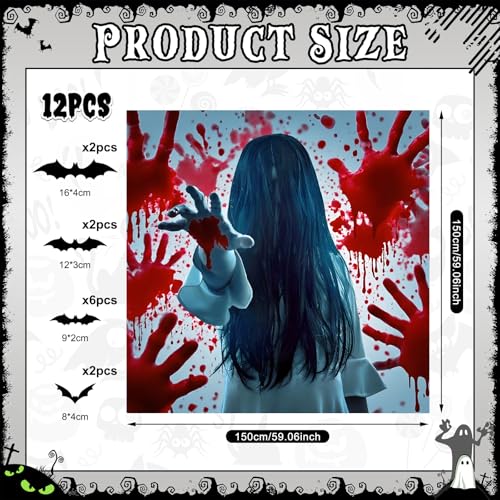 Large Halloween Window Decal with 12 Bat Stickers - Indoor & Outdoor Decoration