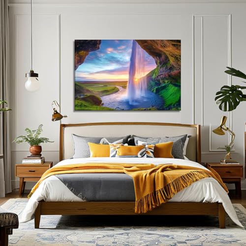 Landscape Canvas Wall Art Waterfall at Sunset - Nature-7 18x12 Inch