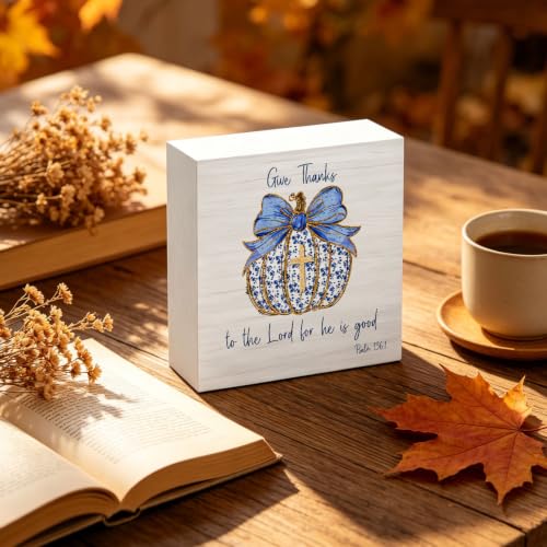Chinoiserie Fall Wooden Box Sign Desk Decor - Blue Bow - 5x5 Inch
