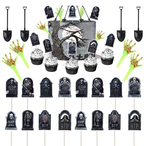 Halloween Skeleton Zombie Hand Cupcake Toppers & Shovel Spoons - Design 13
