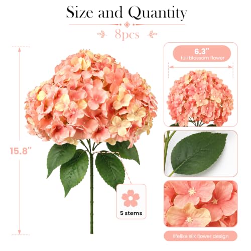 Pink-Orange Hydrangea Artificial Flowers for Outdoor - UV Resistant, 8Pcs